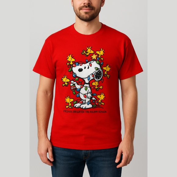 PEANUTS Snoopy Woodstock Christmas Lights Tshirt Red Men's Size Large Unisex NWT - Picture 13 of 13
